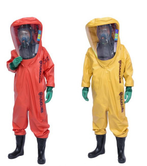 पूरी तरह से संलग्न पीपीई हज़मत सूट क्लास 3 भारी रासायनिक सुरक्षा